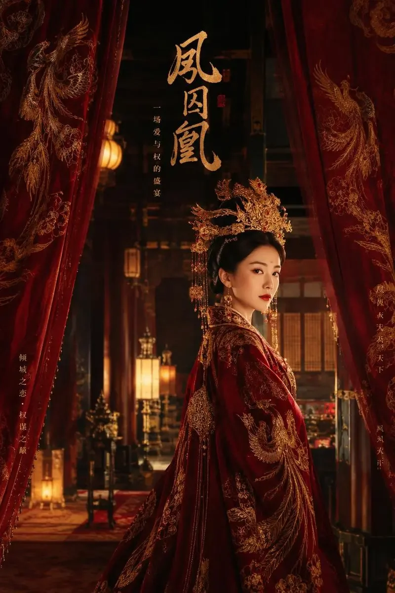 《凤冠下她不肯低头》短剧海报，暖光剧场风格，古装题材